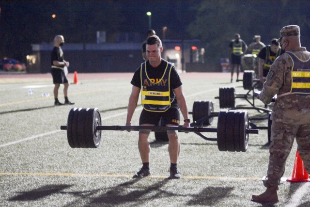 Staff Sgt. Tyler A. Billings, Best Warrior/Drill Sergeant of the Year competitor, executes the deadlift portion of Army Combat Fitness Test Monday morning at Williams Stadium, Fort Lee. The winner of the CASCOM competition will be announced at an award ceremony Thursday morning. 