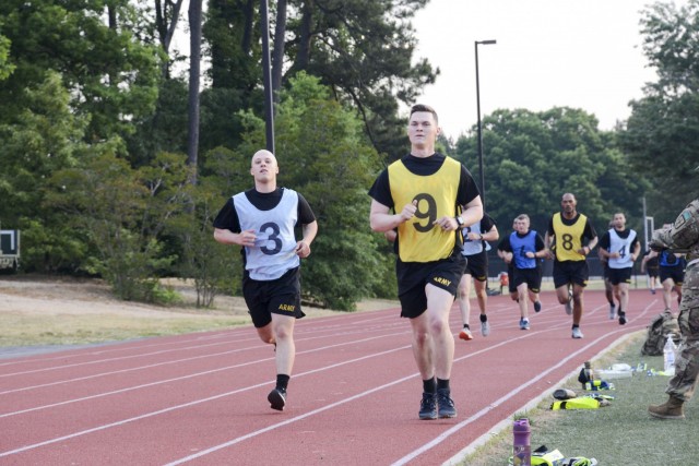 Fort Lee Soldiers begin the 2-mile run portion of the Army Combat Fitness Test Monday morning at Williams Stadium. Sixteen individuals are competing for the opportunity to represent CASCOM during the TRADOC Best Warrior/Drill Sergeant of the Year competition which is scheduled for July 25-30 at Fort Leonard Wood, Mo.  