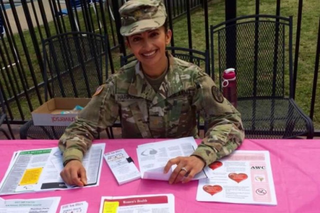 Army Lt. Col. Deepa Hariprasad works at a health and safety fair at Fort Sill, Okla., sometime in the spring of 2017.