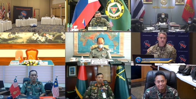 Maj. Gen. Jonathan P. Braga, the deputy commander of U.S. Army Pacific, right center, provides remarks during the virtual Indo-Pacific Landpower Conference May 18, 2021.