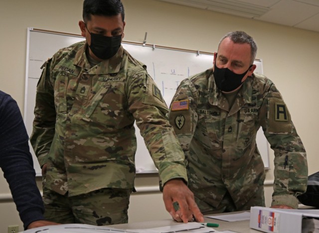 Soldiers assigned to 2nd Battalion, 358th Armor Regiment, 189th Infantry Brigade decipher Morse code to reveal a message while navigating a Sexual Harassment and Assault Response Prevention Training escape room.