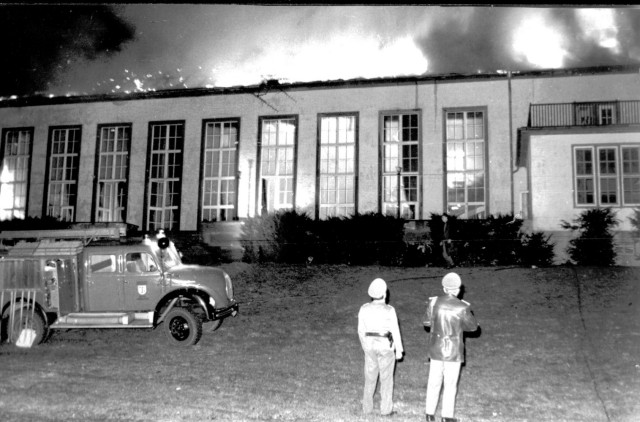 Baumholder Military Community firefighters try to save the Rheinlander Officer's Club on post in 1965. The Rheinlander was rebuilt and still stands today with The Tavern on the Rock bar, a ballroom and several other rooms for rent through DFMWR.
...
