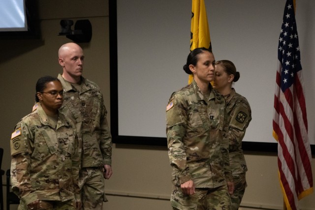The Change of Command Ceremony begins with the Captains taking their positions during the Headquarters & Headquarters Detachment Change of Command Ceremony at Fort Knox, KY, on May 26, 2021.