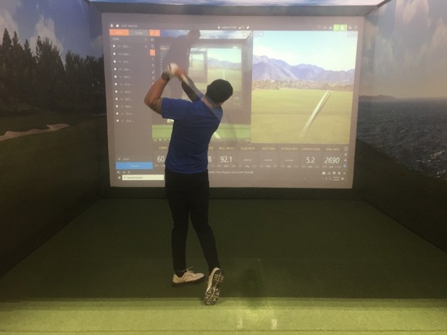 Staff Sgt. Mark Menapace, a Soldier assigned to the Fort Carson Soldier Recovery Unit, Colo., participated in an indoor golf program offered by the SRU in Colorado Springs during the winter months. (Photo courtesy of Marc Cattapan)