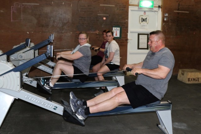 Maj. Brian Ellis performs a seated row while working out at The Diamond Mine gym. The Diamond Mine provides the 111th Theater Engineer Brigade Soldiers with the necessary conditions and opportunity to meet their physical potential. The Diamond Mine offers a variety of structured blocks of time dedicated to improving fitness and general wellbeing, as well as open gym hours daily.