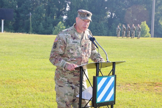 Lt. Col. Daniel Pecha, incoming commander, 1st Battalion, 28th Infantry Regiment makes remarks during the battalion change of command ceremony held on May 25, 2021 at Fort Benning, Georgia. (U.S. Army photo by Markeith Horace)