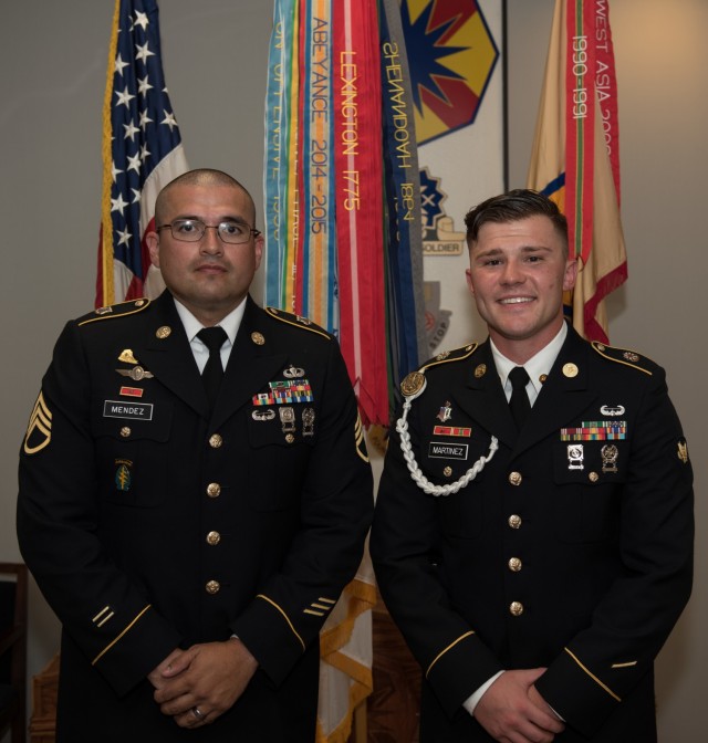 Staff Sgt. Richard Mendez, 53rd Quartermaster Company, 61st Quartermaster Battalion, and Spc. Steven Martinez, 1st Medical Brigade, smile as they are announced the 2021 13th ESC BWC winners. (U.S. Army photo by Sgt. 1st Class Kelvin Ringold)