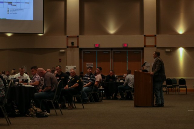 Col. Jonathan Bender, 1st Cavalry Division senior operations and planning officer, details the First Team’s vision and concepts for readiness, modernization and People First initiatives during the division’s CAV Leadership Forum at the Killeen...