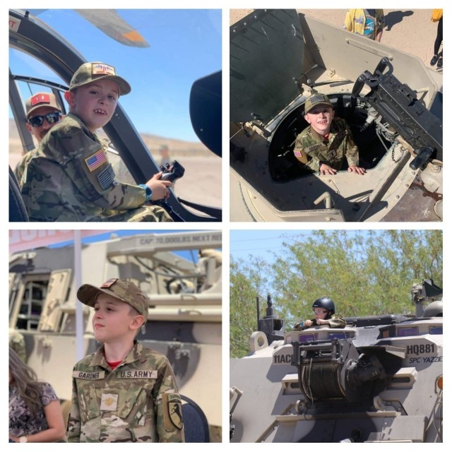 Eight-year-old Carson Gardner's Make a Wish day at the National Training Center and Fort Irwin included a demonstration of various pyrotechnic simulations and artillery firing, a UH-60 Black Hawk aerial training demo, rides in three combat-style...