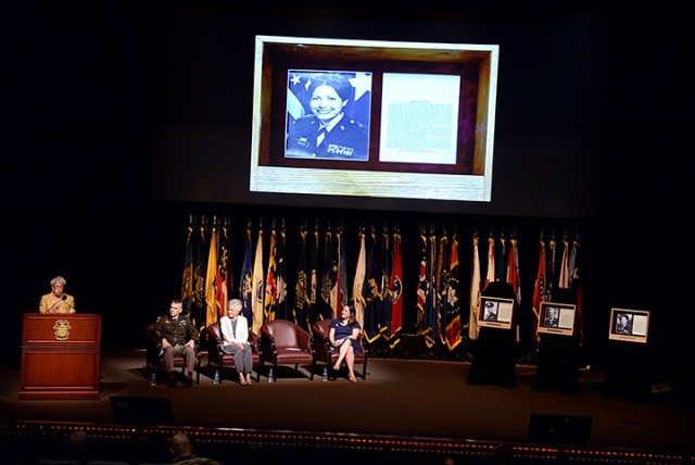 Fort Leavenworth Hall of Fame inductee retired Brig. Gen. Sherian Cadoria, 1971 Command and General Staff College graduate, delivers remarks during her Hall of Fame induction ceremony May 20 at the Lewis and Clark Center. Cadoria was joined on...