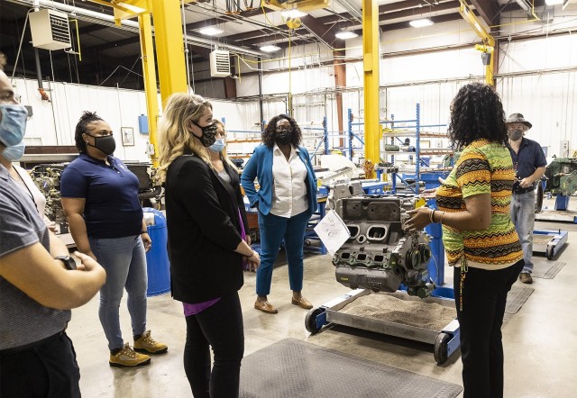 Marilyn Futrell, program specialist in the Pathways Program, speaks to members of the Army Materiel Command’s Public Affairs and Protocol offices during a tour May 19.