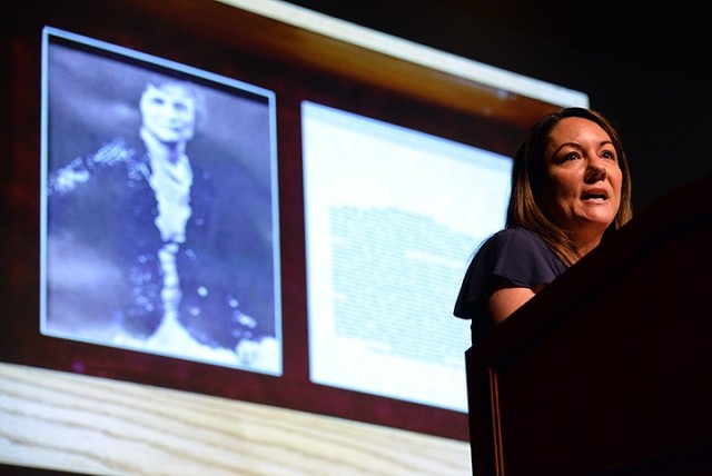 After helping unveil the Fort Leavenworth Hall of Fame portrait for inductee Elizabeth Schenck-Smith, Fort Leavenworth Spouses' Club President Heather Alvarado talks about Smith's vision and FLSC's current mission during the Hall of Fame induction...