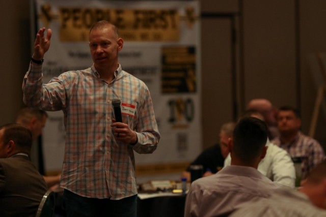 Brig. Gen. Brett Sylvia, Deputy Commanding General-Maneuver, 1st Cavalry Division discusses the First Team’s People First initiative during the division’s CAV Leadership Forum at the Killeen Civic and Conference Center in Killeen, Texas, May...