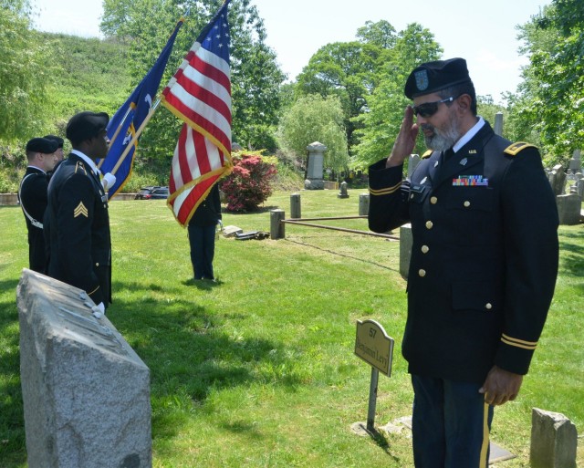 New York Army National Guard Chaplain Maj. Raziel Amar renders honors during a remembrance ceremony of Union Sgt. Benjamin Levy, the first Jewish American to receive the Medal of Honor, at his burial site at Cypress Hills Cemetery in Brooklyn, N.Y., May 21, 2021. Levy received the Medal of Honor for his actions to save his regimental colors and rally his unit, the 1st New York Volunteer Infantry Regiment, during the Battle of Glendale in June 1862. (U.S. National Guard photo by New York Guard Capt. Mark Getman)