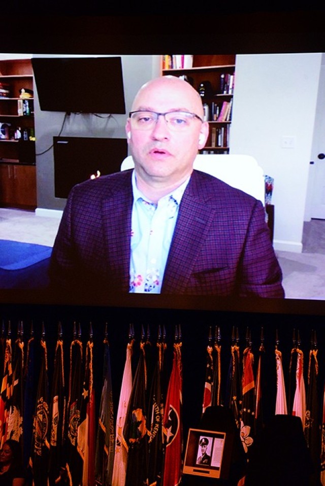 Retired Lt. Col. Jade Hinman shares some of Gen. Leonard Gerow's biography with the Fort Leavenworth Hall of Fame audience via a pre-recorded video message during the Hall of Fame induction ceremony for Gerow and three other inductees May 20 at...
