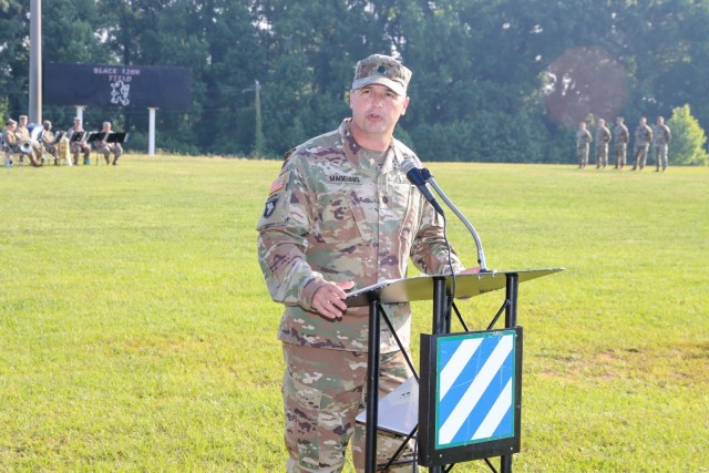 Lt. Col. Stephen Magennis, the outgoing commander, 1st Battalion, 28th Infantry Regiment makes remarks during the battalion change of command ceremony held on May 25, 2021 at Fort Benning, Georgia,. (U.S. Army photo by Markeith Horace)