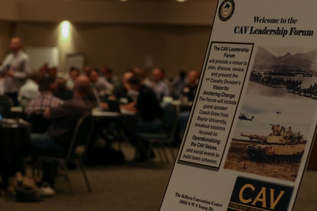 Brig. Gen. Brett Sylvia, Deputy Commanding General-Maneuver, 1st Cavalry Division discusses the First Team’s People First initiative during the division’s CAV Leadership Forum at the Killeen Civic and Conference Center in Killeen, Texas, May...
