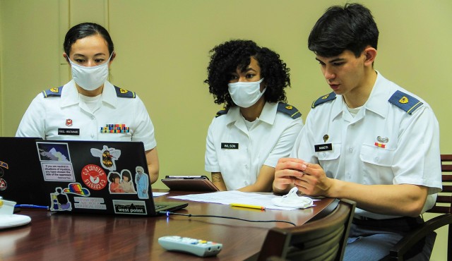 (From left to right) Class of 2023 Cadets Alisa Friel-Watanabe, Delorv'A Wilson and Michael Manetti conduct a virtual presentation of their History Capstone project, which consisted of an updated version of the West Point alumni list that highlights minority graduates who have made impactful contributions to the U.S. Military Academy over the course of 19th, 20th and 21st centuries on April 29 at Thayer Hall.