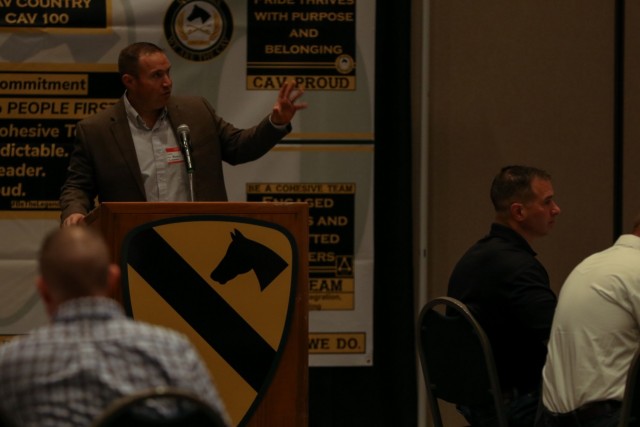 Col. Jonathan Bender, 1st Cavalry Division senior operations and planning officer, details the First Team’s vision and concepts for readiness, modernization and People First initiatives during the division’s CAV Leadership Forum at the Killeen...