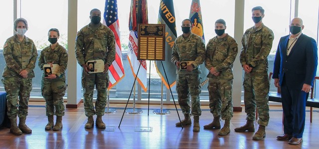 Distinguished guests, Brig. Gen. Cindy Jebb (far left), the Dean of the Academic Board, and Dr. Jeffery Peterson (far right), the director of the Character Integration Advisory Group, gathered for the 15th annual Gen. John J. Pershing Reflective...