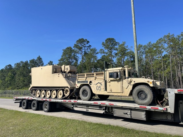 3rd Battalion, 67th Armor Regiment, 2nd Armored Brigade Combat Team, 3rd Infantry Division, loaded and prepped one M1068 and one M1152A1 RETRANS HMMWV vehicle as part of the initial shipment on April 27, 2021 to Taunton, Massachusetts, the General...