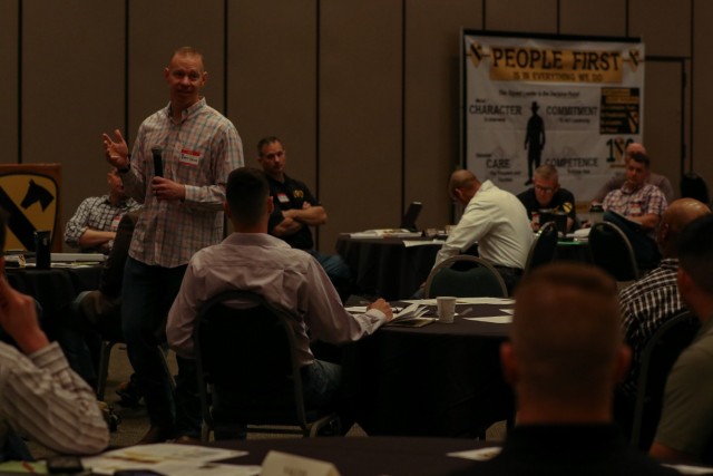 Brig. Gen. Brett Sylvia, Deputy Commanding General-Maneuver, 1st Cavalry Division discusses the First Team’s People First initiative during the division’s CAV Leadership Forum at the Killeen Civic and Conference Center in Killeen, Texas, May...