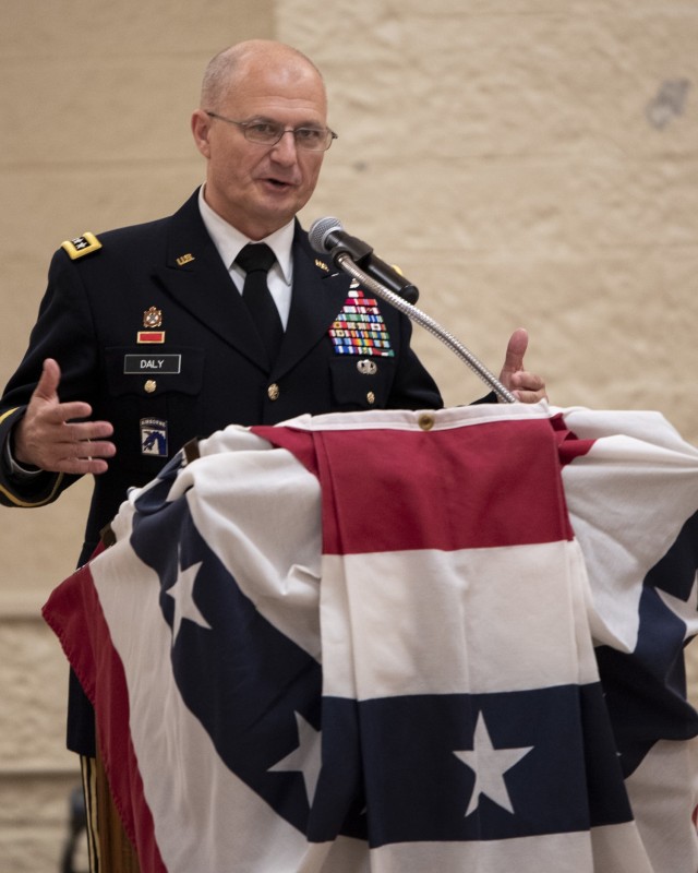 Gen. Ed Daly, commanding general of the U.S. Army Materiel Command, speaks during a relinquishment of command and retirement ceremony May 27. (Photo by Linda Lambiotte, ASC Public Affairs)