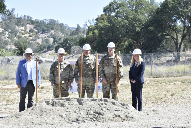 Groundbreaking for microgrid project, Fort Hunter Liggett, California. L to R: John Moreno, SES USACE South Pacific Division; Col. James Handura, USACE Sacramento District; Col. Charles Bell, FHL Garrison Commander; FHL Command Sgt. Maj. Mark Fluckiger; Nicole Bulgarino, Exec VP and Gen Mgr Ameresco, Inc.