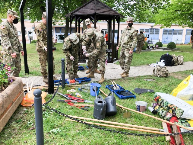 Prior to Memorial Day, Soldiers of the rotational unit currently stationed at Storck Barracks went to work with shovels, spades, lawn mowers and more to clean, renovate, and beautify the memorial garden at the Illesheim installation. The mighty Demon Brigade, DPW, MWR, and veterans organizations came together for this project of improvement.