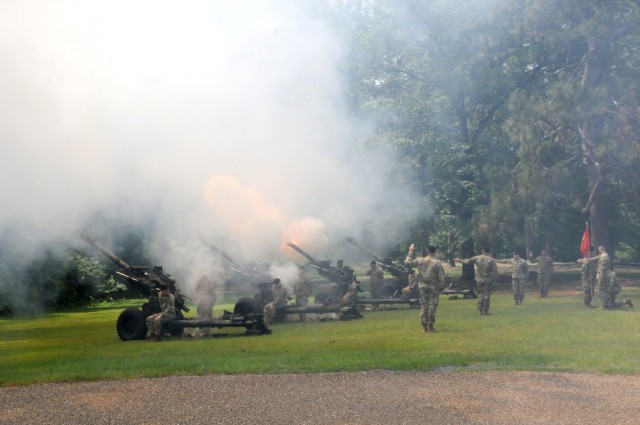 Soldiers with Bravo Battery, 5th Battalion, 25th Field Artillery Regiment, 3rd Brigade Combat Team, 10th Mountain Division, fire a 21-gun salute during the Memorial Day Ceremony held May 27 at Fort Polk’s War Memorial Park. Brig Gen. David S. Doyle, Joint Readiness Training Center and Fort Polk was the keynote speaker.
