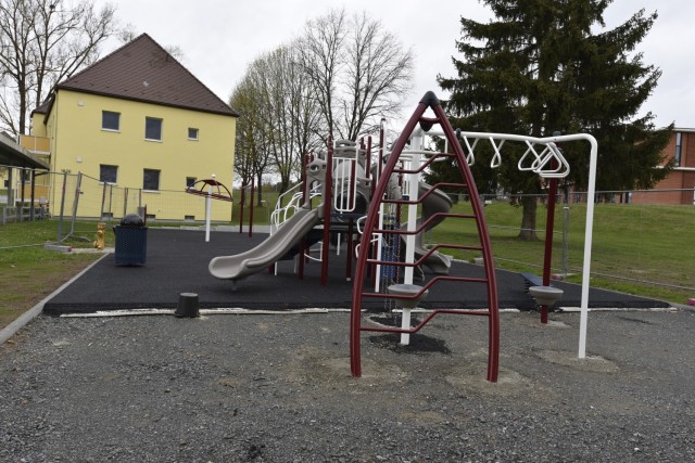 The U.S. Army Corps of Engineers, Europe District is finishing construction of a new playground, pictured here May 6, 2021, in the Langenbruck Housing Area on Rose Barracks in Vilseck, Germany, which is part of U.S. Army Garrison Bavaria. The playground is part of a larger, long-term collaboration between the U.S. Army Corps of Engineers and the garrison to provide quality of life projects, as well as new and renovated family housing, for Soldiers and their families stationed at Rose Barracks.