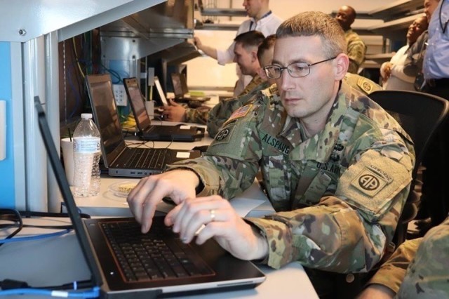U.S. Army Chief Warrant Officer 2 Todd Alspaugh, assigned to the 82nd Airborne Division, analyzes network data during the All American Cyber Academy class on Fort Bragg, North Carolina, May 31, 2019. The purpose of the class was to provide in-depth, specialized training to Fort Bragg area cyber security personnel.