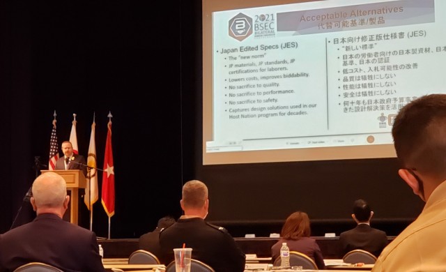Steve Karwan from the U.S. Army Corps of Engineers - Japan Engineer District addresses the crowd during the Bilateral Senior Engineers Conference being held at Yokota Air Base in Fussa, Japan.