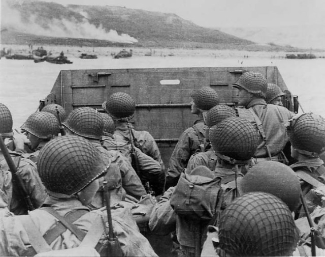 U.S. troops prepare to storm the beaches of Normandy on D-Day.