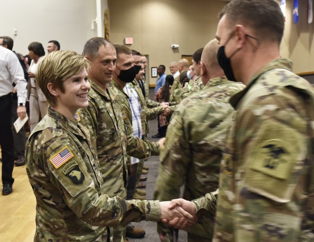 Capt. Jennifer Ward is congratulated June 2 at Lincoln Hall Auditorium after being named the U.S. Army Engineer School's 2020 Officer Instructor of the Year. Maneuver Support Center of Excellence leaders recognized the center’s calendar year...