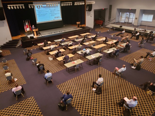 Steve Karwan from the U.S. Army Corps of Engineers - Japan Engineer District addresses the crowd during the Bilateral Senior Engineers Conference being held at Yokota Air Base in Fussa, Japan.