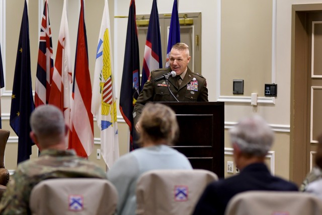 Combined Arms Center-Training Deputy Commanding General Brig. Gen. Charles Lombardo speaks to the audience during his promotion ceremony May 28, 2021 at the Frontier Conference Center, Fort Leavenworth, Kan. Photo by Tisha Swart-Entwistle, Combined Arms Center-Training.