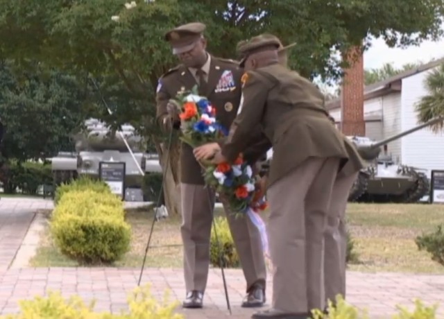 Post Command Sgt. Maj. Philson Tavernier and Fort Jackson Commander Brig. Gen. Milford H. 'Beags' Beagle Jr. place a wreath  at the post flag pole in honor of service members who died serving the nation during the installation's Memorial Day...