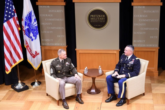 Sgt. Maj. Of the Army, Michael A. Grinston (left) participates in a recorded interview at the Pritzker Military Museum & Library in in Chicago, followed by a question and answers session, May 28, 2021. 
(U.S. Army Reserve photo by Staff Sgt. David Lietz)