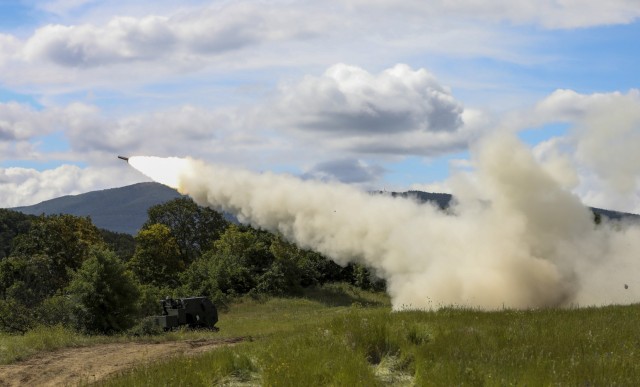 U.S. Army Soldiers assigned to Alpha Battery, 1st Battalion, 77th Field Artillery Regiment, 41st Field Artillery Brigade, conduct a rapid infiltration high mobility artillery rocket system live-fire exercise during Saber Guardian, at Novo Selo, Bulgaria, June 1, 2021. Saber Guardian 21 is a sub-exercise of Defender 21, a 7th Army Training Command-led, U.S. Army Europe and Africa-directed exercise designed to increase readiness, lethality and interoperability by exercising allied and partner nations’ ability to integrate joint fires in a multinational environment at both the operation and tactical levels. (U.S. Army photo by Spc. Zack Stahlberg)