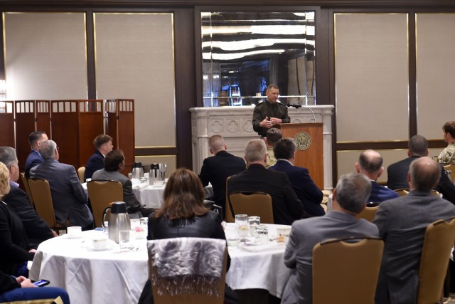 Sgt. Maj. of the Army, Michael A. Grinston, discusses Army priorities, developing engaged leaders, and building cohesive teams that are highly trained, disciplined and fit, in Chicago, May 28, 2021 during a breakfast with the Chicago Gold Chapter of the Young Presidents’ Organization Grinston. 
(U.S. Army Reserve photo by Staff Sgt. David Lietz)