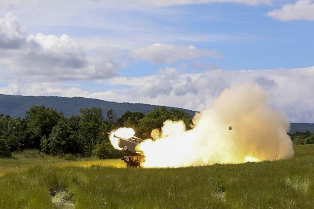 U.S. Army Soldiers assigned to Alpha Battery, 1st Battalion, 77th Field Artillery Regiment, 41st Field Artillery Brigade, conduct a  rapid infiltration high mobility artillery rocket system live-fire exercise during Saber Guardian, at Novo Selo,...