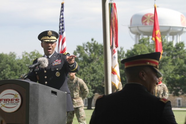 Maj. Gen. Sean Gainey, director of the Join Counter-Small Unmanned Aircraft Systems Office and of the Fires Office of the Deputy Chief of Staff, G3/5/7, elicits a smile from Brig. Gen. Richard Harrison during his promotion ceremony June 2, 2021,...