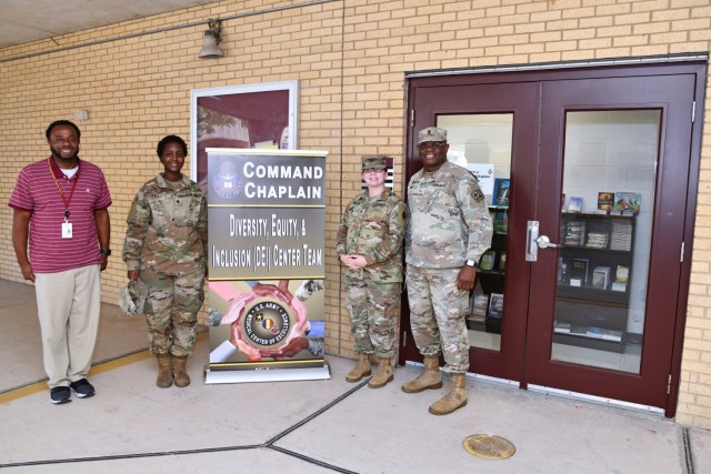 (Left to right) Mr. Scottie Williams, Command Chaplain Section Administrative Assistant, Spc. Boury Fall, Religious Affairs Specialist, Sgt. Sarah Mazac, Command Chaplain Section Non-commissioned Officer in Charge and Religious Affairs Non-commissioned Officer in Charge and Chaplain (Maj.) Oyedeji Idowu, 32d Medical Brigade Chaplain and acting US Army Medical Center of Excellence Command Chaplain.