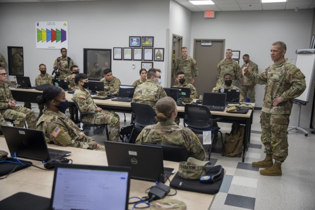 Sgt. Maj. of the Army Michael Grinston discusses leadership with Soldiers at the 10th Mountain Division Noncommissioned Officer Academy on June 2 during his visit at Fort Drum. (Photo by Spc. Josue Patricio)