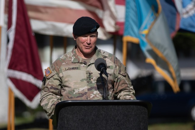 U.S. Army Gen. Paul J. LaCamera, outgoing commanding general of U.S. Army Pacific, gives remarks during the USARPAC change of command ceremony June 4, 2021, at Fort Shafter, Hawaii. LaCamera, who served as the USARPAC commander since November 2019, will assume command of U.S. Forces Korea. (U.S. Army photo by Sgt. 1st Class Monik M. Phan)