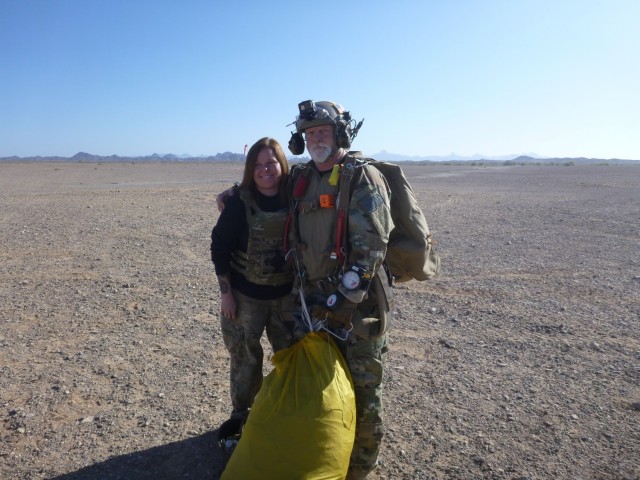 Tom Hall and his daughter Elizabeth Extejt both served in the U.S. Army as parachute riggers and now both work for Yuma Proving Ground as riggers.