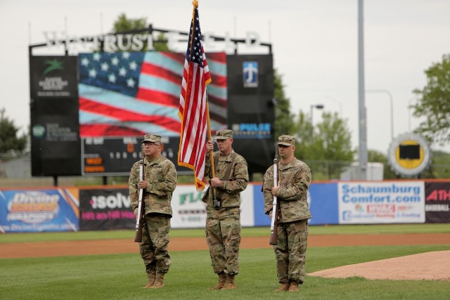 The 85th U.S. Army Reserve Support Command color guard team presents the Nation’s Colors during the Schaumburg Boomers’ Memorial Day home game, May 31, 2021, against the Gateway Grizzlies. Soldiers from the 85th USARSC additionally...