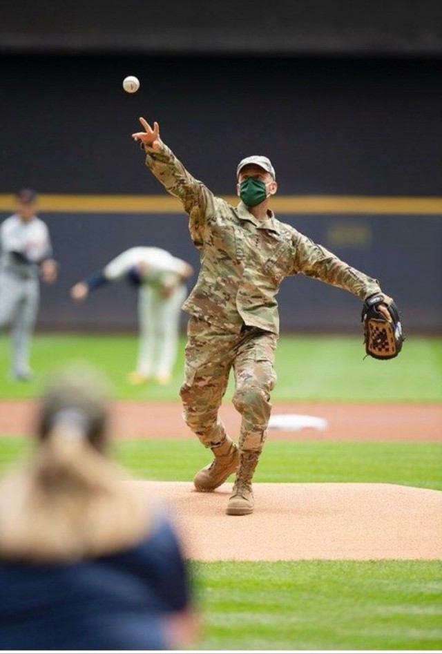 Lt. Gen. Daniel L. Karbler, commanding general of the U.S. Army Space and Missile Defense Command, throws out the ceremonial first pitch during the Milwaukee Brewers Military Appreciation Night game against the Detroit Tigers, May 31. The Brewers won the game 3-2 in the 10th inning. (Courtesy photo)