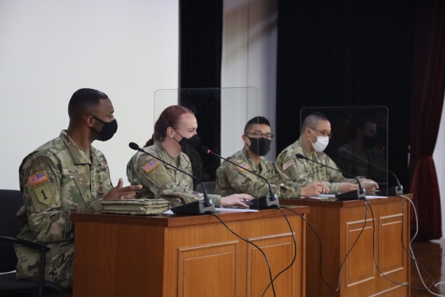 A panel of Soldiers from 19th Expeditionary Sustainment Command, including Master Sgt. Harry B. Willis III, left, Distribution Management Center, and 1st Lt. Katherine Kezon, aide de camp to commanding general, answered questions from cadets from Keimyung University's Reserve Officer Training Corps program. Brig. Gen. Steven L. Allen, commander, 19th ESC, also spoke to cadets at the event on the campus of KMU in Daegu.